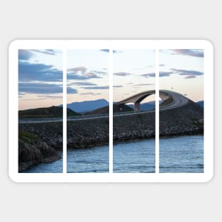 Wonderful landscapes in Norway. Vestland. Beautiful scenery of famous bridges on the Atlantic Road scenic route. Calm sea at the sunset in a cloudy day. Sunrays through clouds. Sticker